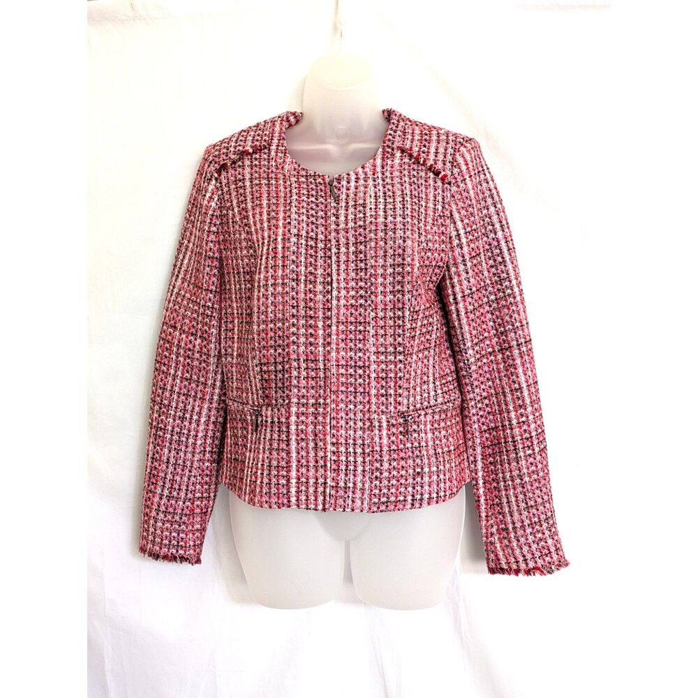 White House Black Market Pink Tweed Peplum Moto Jacket Sz 6 Zip Cuff Fringe